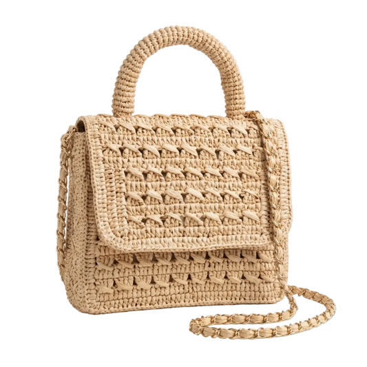 Beige woven handbag with a chain strap on a light gray background