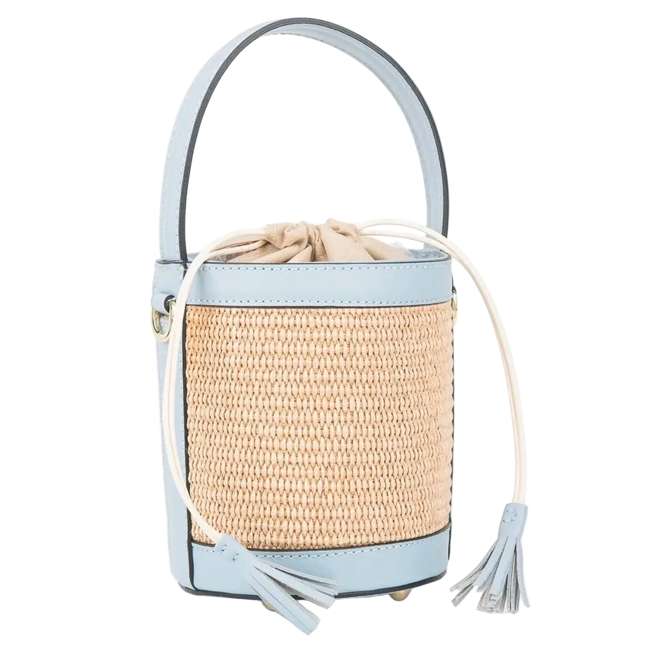 Woven handbag with light blue leather accents on a white background
