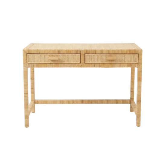 Wooden desk with two drawers on a white background
