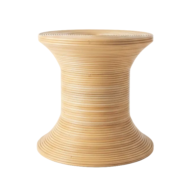 Wooden stool with a textured design on a white background
