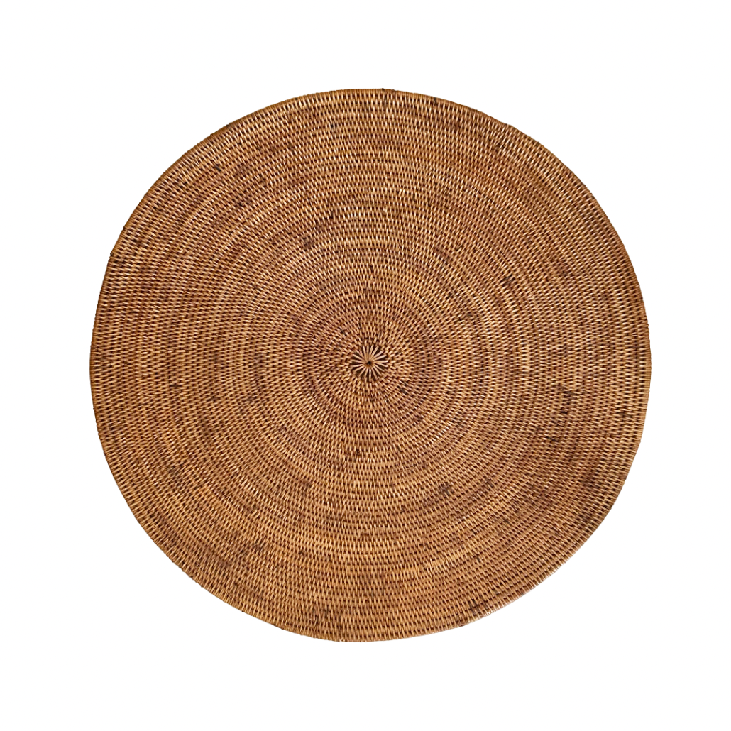 Round woven placemat on a white background