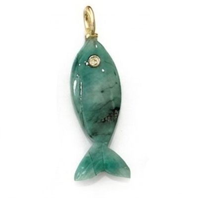Three fish-shaped pendant charms in green stone with gold-tone loops and small clear stones, shown on a plain white background.