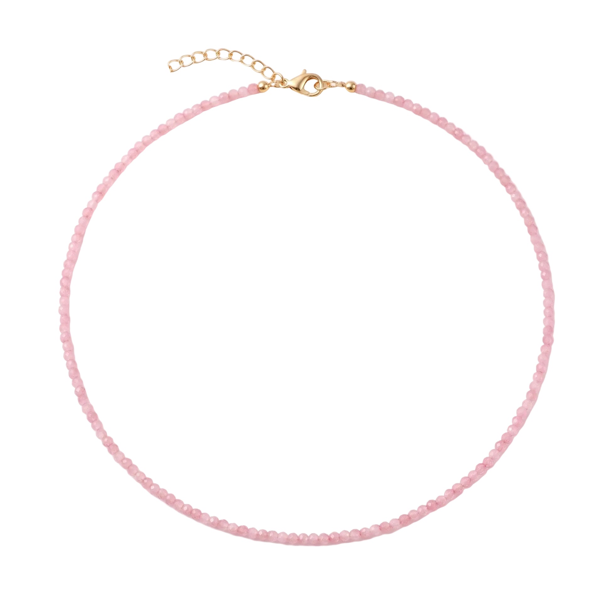 A delicate pink beaded necklace with a gold-tone lobster clasp and extender chain, displayed on a clean white background.