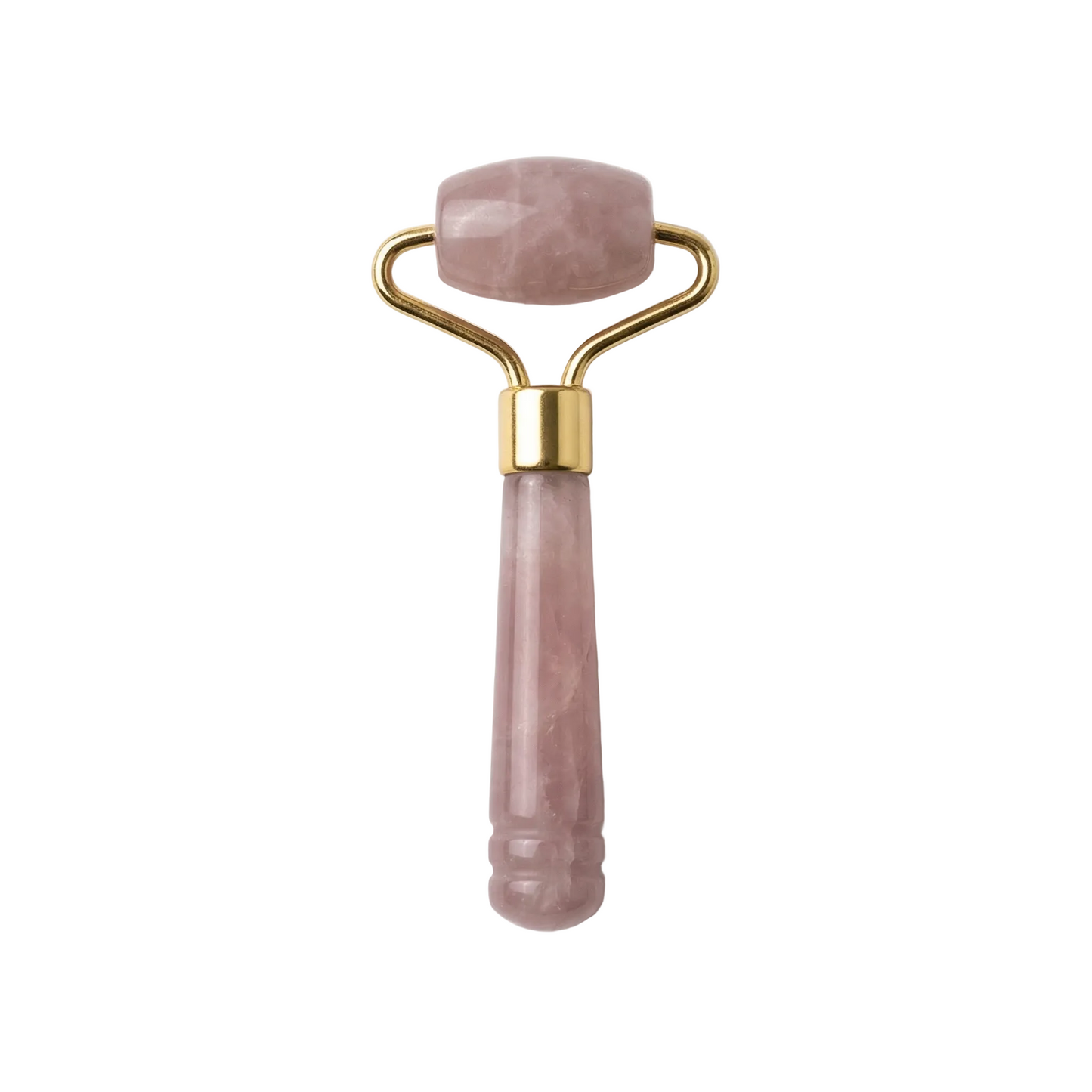 Rose quartz facial roller with gold accents on a white background