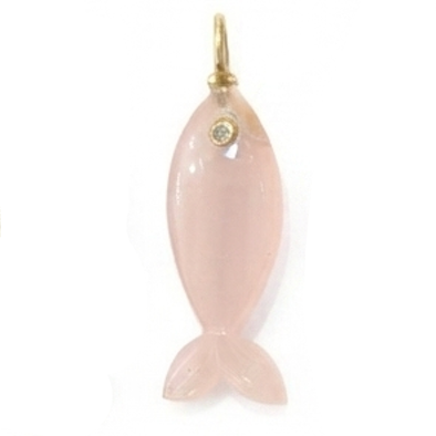 Three fish-shaped jewelry pendants with  translucent pale pink stone in the center, with a small round clear stone and gold bail.