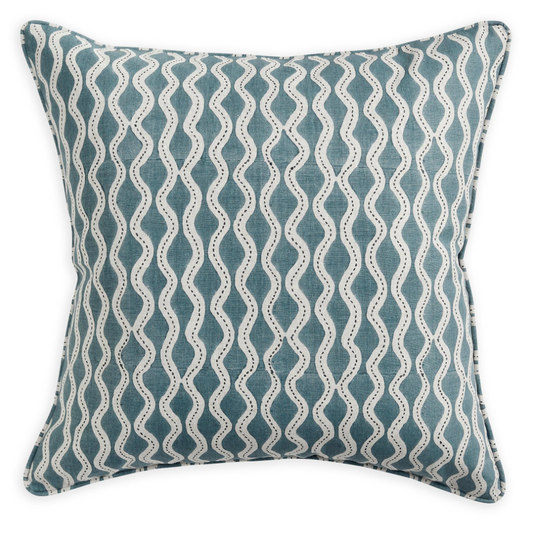 A square throw pillow featuring a vertical wavy stripe pattern in teal blue and off-white, set against a plain white background.