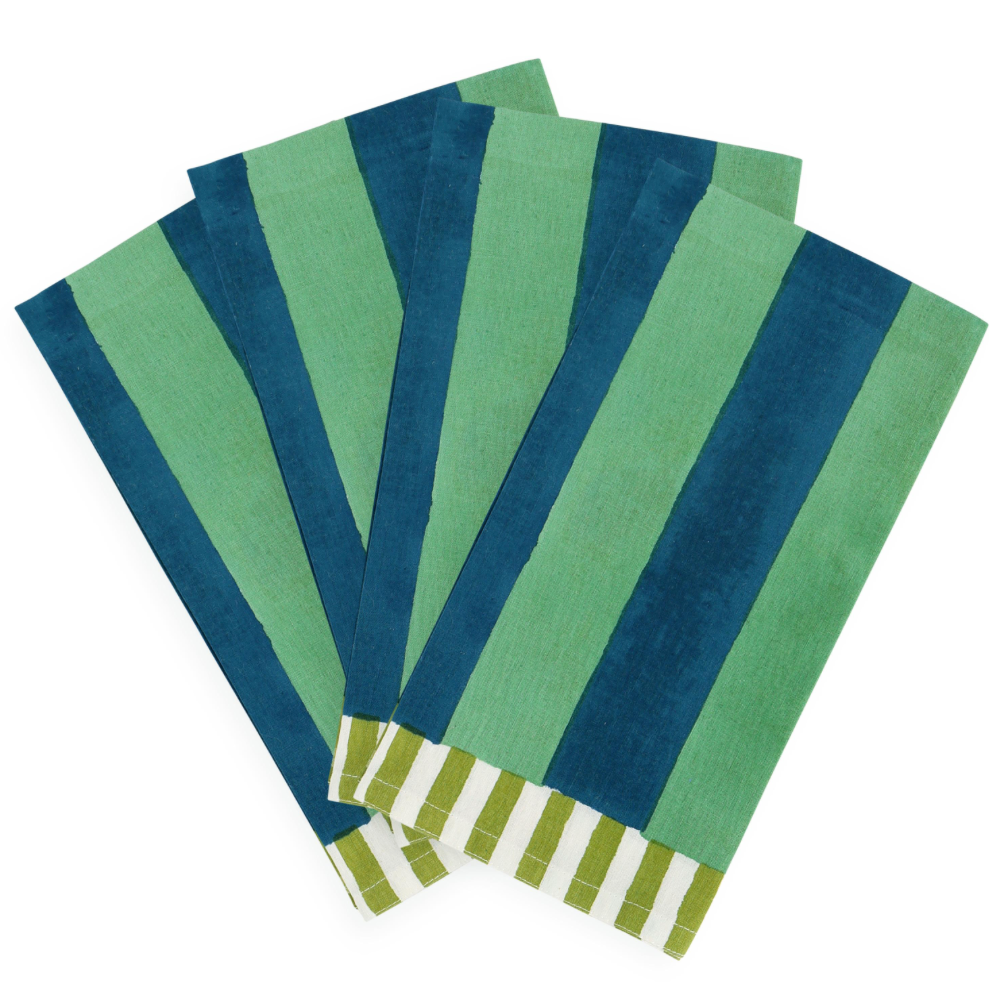 Four striped kitchen towels in green and dark blue, fanned out on a white background. The towels feature alternating vertical stripes of sage green and dark teal-blue, with one towel showing a finished border of olive green and white stripes.