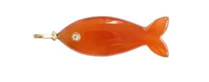 Amber-colored fish-shaped pendant with a gold chain on a white background