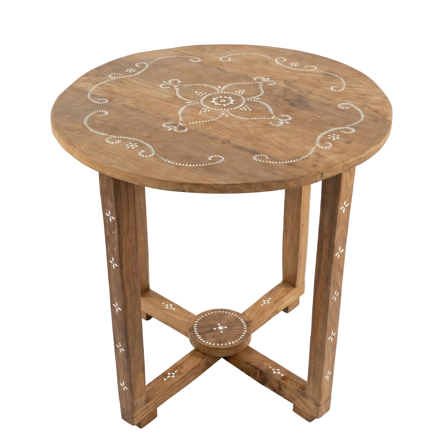 Wooden side table with decorative inlay on a white background