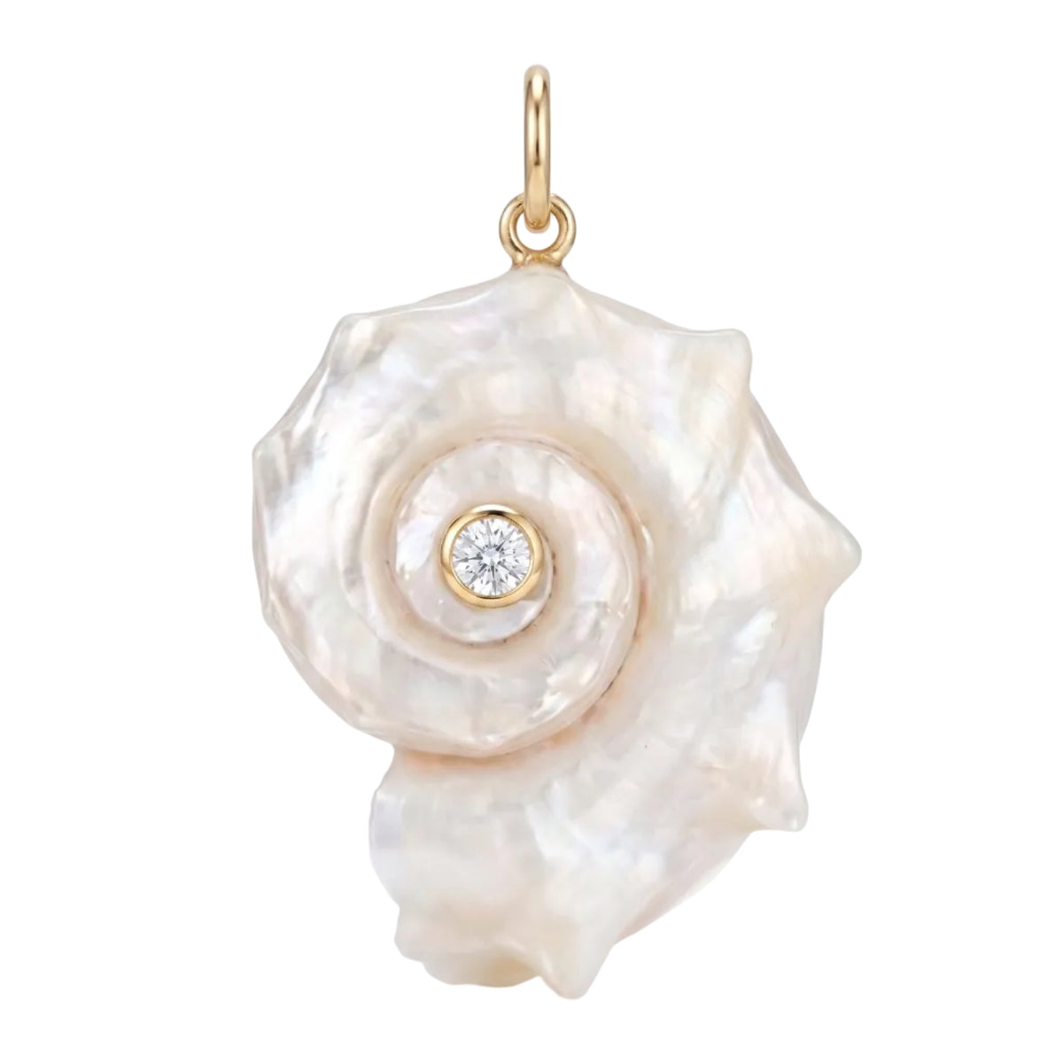 A gold pendant shaped like a spiral seashell with a small round clear gemstone at the center, shown on a plain white background.