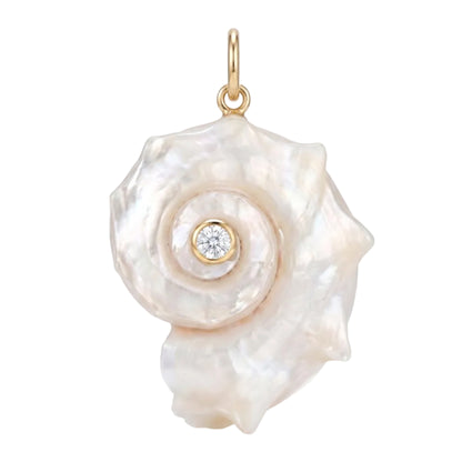 A gold pendant shaped like a spiral seashell with a small round clear gemstone at the center, shown on a plain white background.