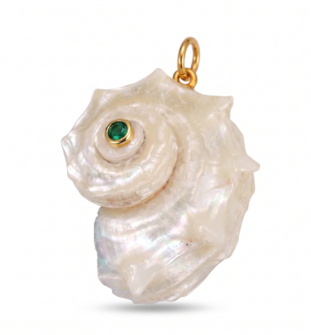 A seashell-shaped pendant made of iridescent white mother-of-pearl with a small green gemstone and gold bezel, featuring a gold bail at the top, shown on a white background.