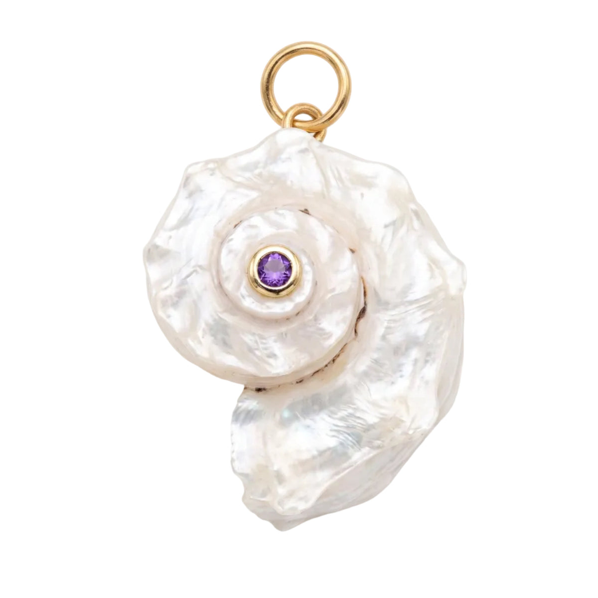 A spiral-shaped pendant crafted from iridescent white mother-of-pearl with a small round purple gemstone at the center, set in gold-toned metal and topped with a gold ring loop, shown on a plain white background.