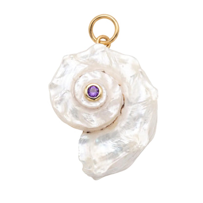 A spiral-shaped pendant crafted from iridescent white mother-of-pearl with a small round purple gemstone at the center, set in gold-toned metal and topped with a gold ring loop, shown on a plain white background.
