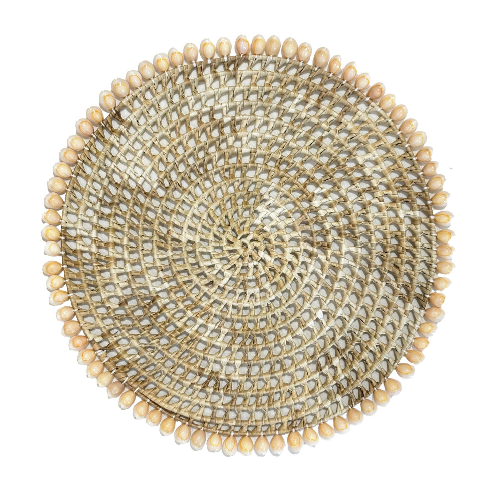 Round woven placemat with bead edge on a white background