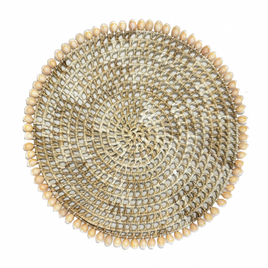 Round woven placemat with bead edge on a white background