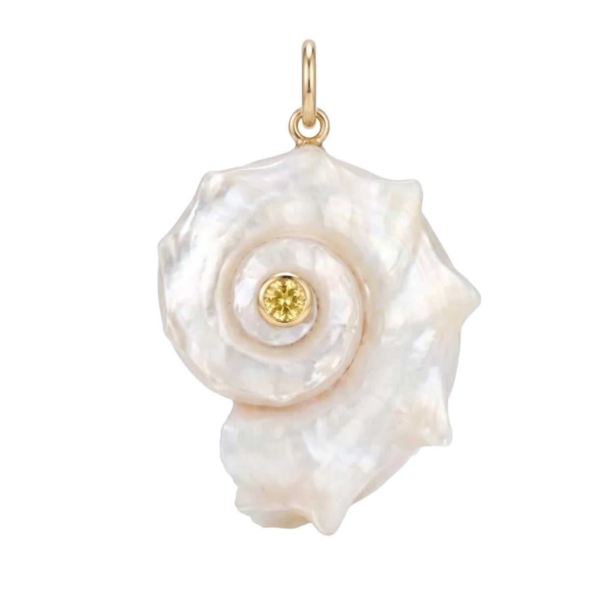 A rose-shaped pearl pendant with a small yellow gold center stone and a gold bail at the top, shown on a clean white background.