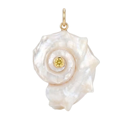 A rose-shaped pearl pendant with a small yellow gold center stone and a gold bail at the top, shown on a clean white background.