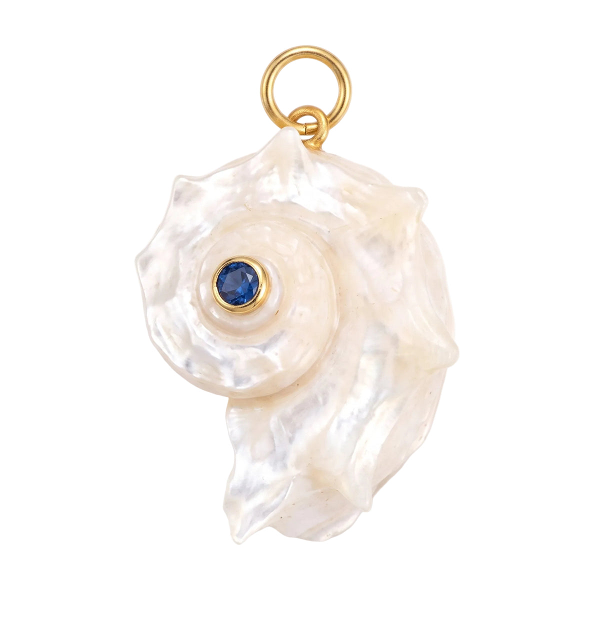 A seashell-shaped pendant made of iridescent white shell material with a small round blue gemstone inset in the center and gold-tone metal edging and loop, shown on a plain white background.