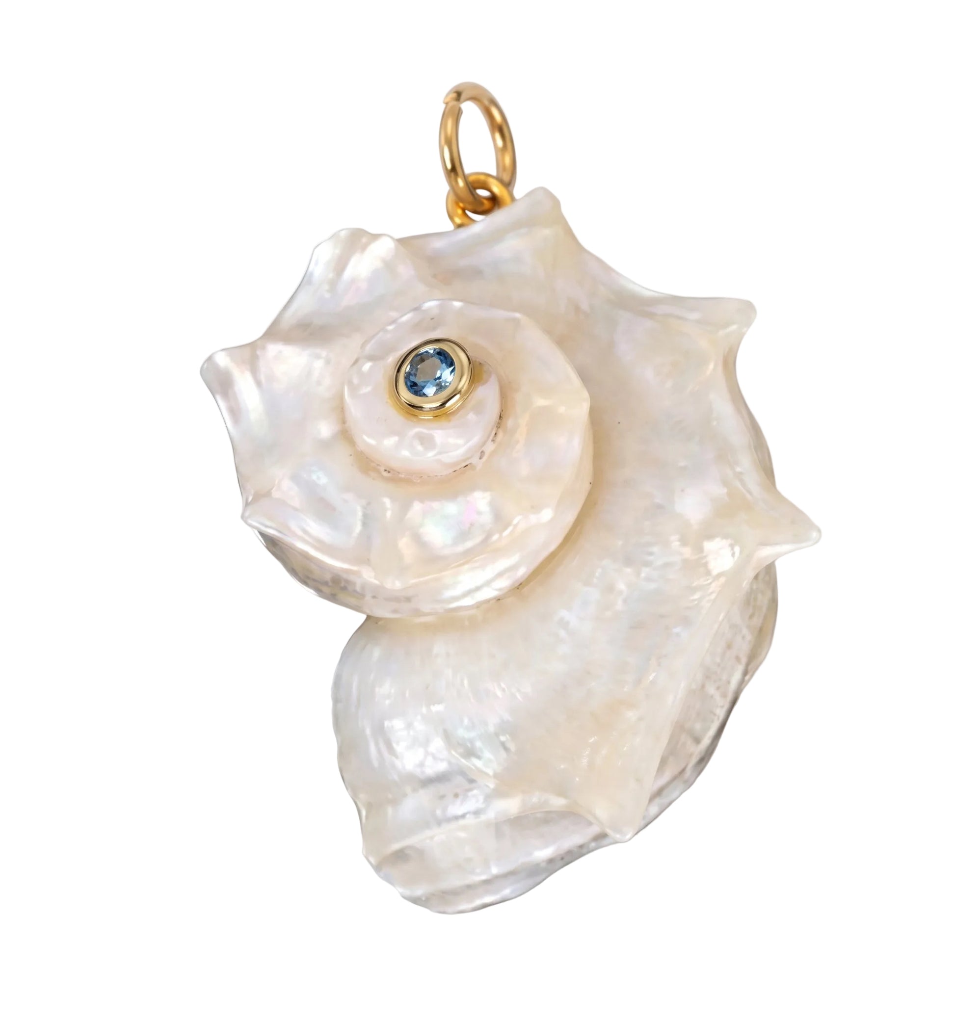 A shell-shaped pendant crafted from iridescent white mother-of-pearl, featuring a small round blue gemstone inlaid at the center and a gold-tone loop at the top, shown on a clean white background.