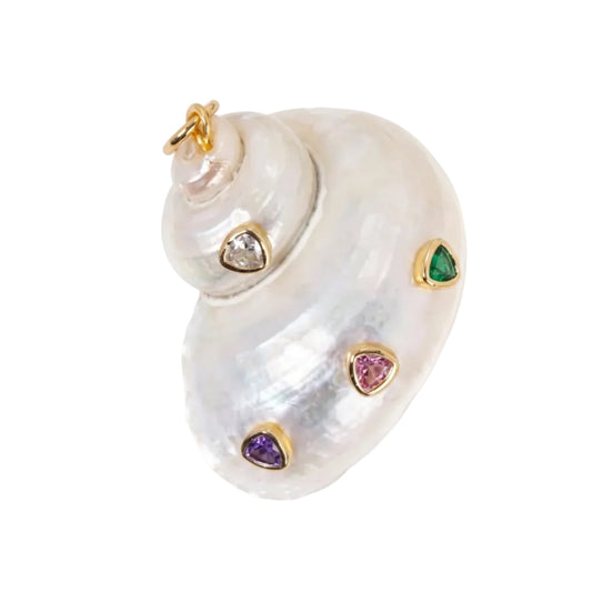 A spiral shell-shaped pendant made of iridescent white mother-of-pearl with gold-tone settings and small heart-shaped gemstones in green, pink, purple, and clear, shown on a white background.