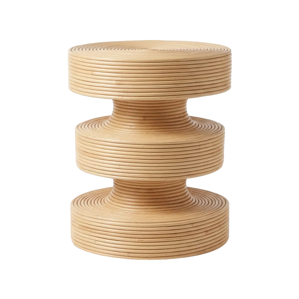 Wooden side table with concentric circular design on a white background