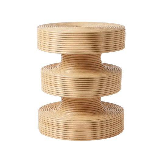 Wooden side table with concentric circular design on a white background