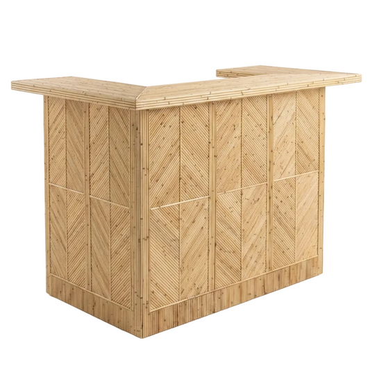 Wooden reception desk with a chevron pattern on a white background