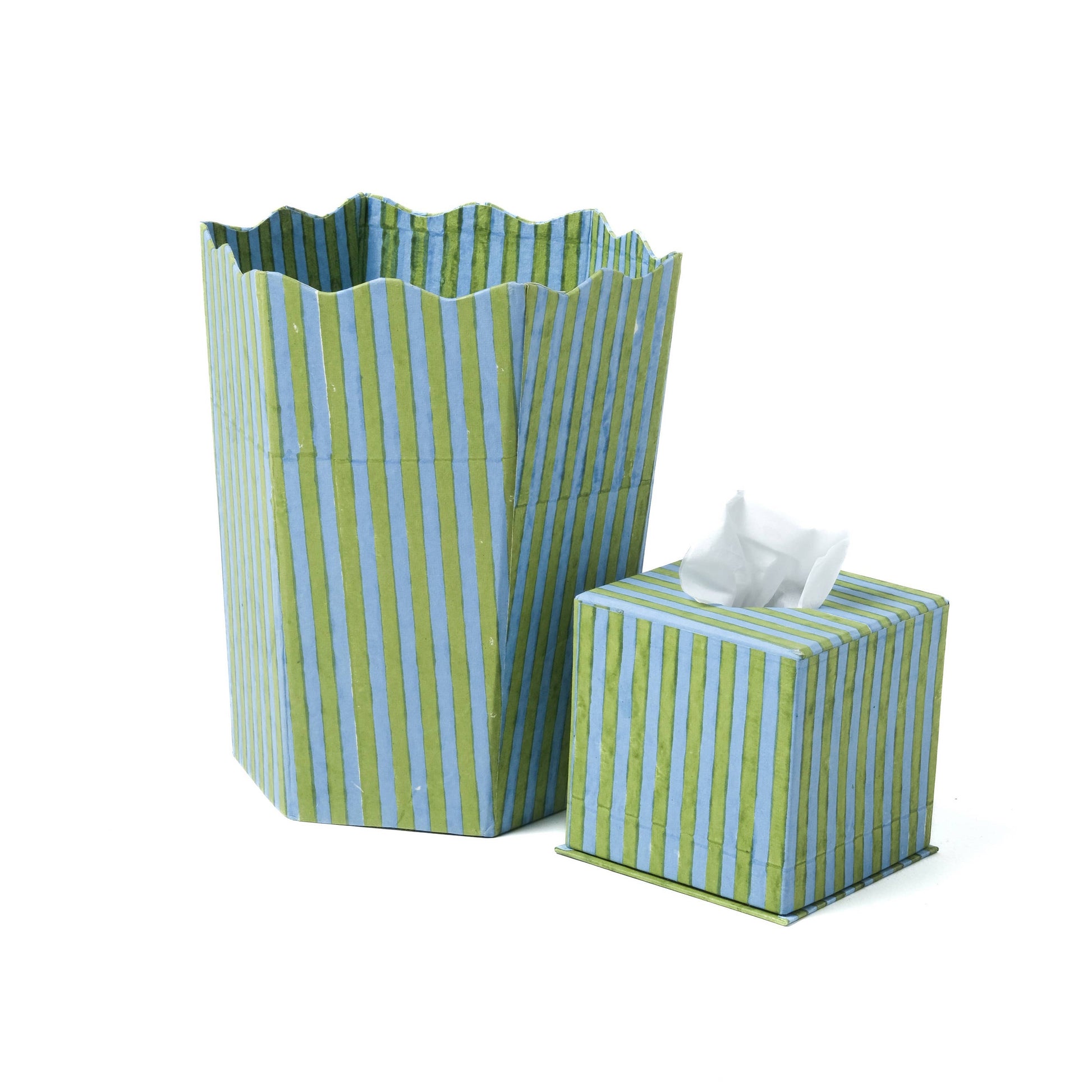 Block printed striped tissue holder and waste basket  on a white background