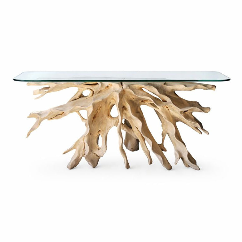 Teak Drfitwood Console Table with Glass Top