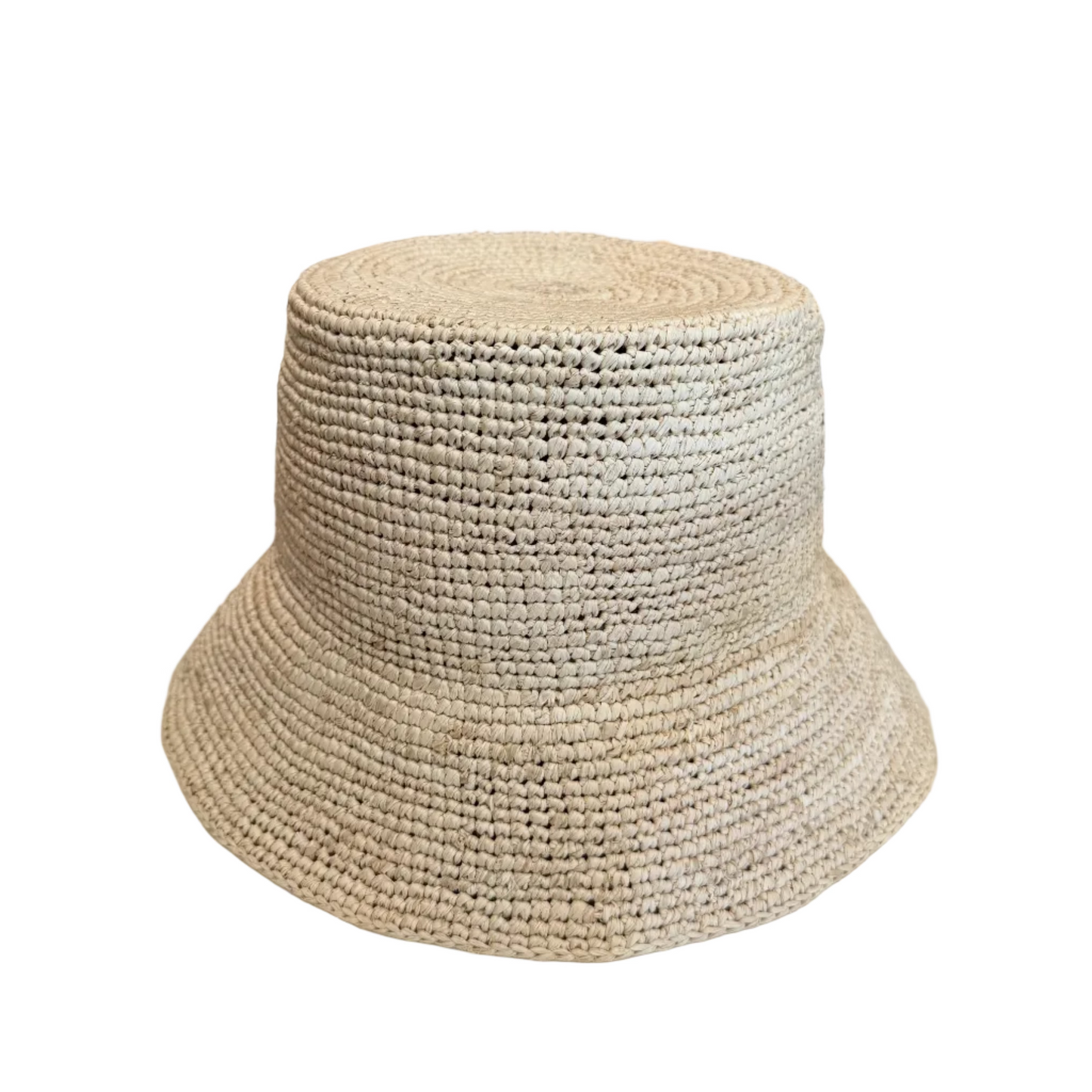 A natural woven straw bucket hat in a light beige color, 