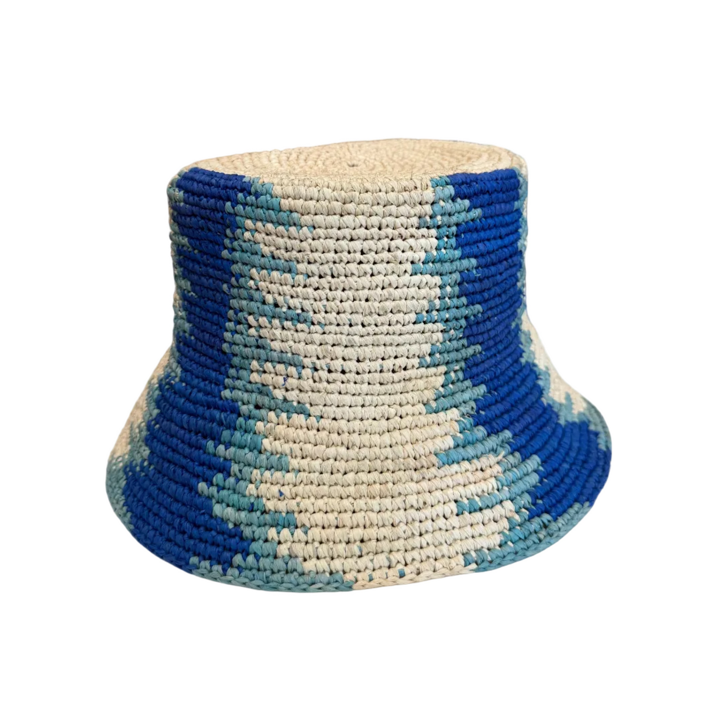 A woven bucket hat with a blue and beige geometric pattern