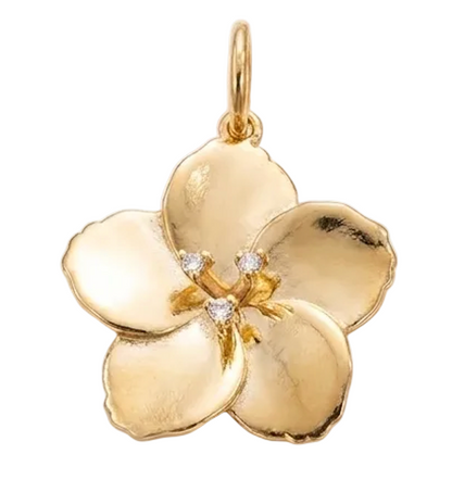 Gold flower-shaped pendant with diamond-like stones on a white background
