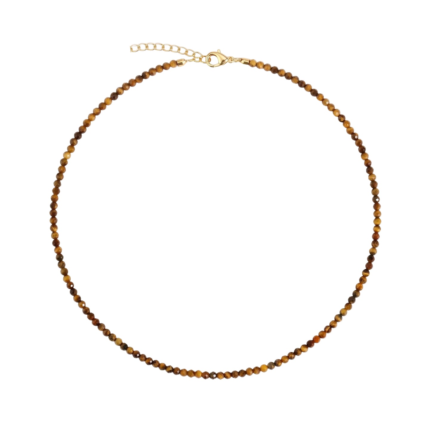 A beaded choker necklace with small brown and gold tiger's eye beads, a gold clasp, and a gold extender chain with a round tag, displayed on a clean off-white background with a Josephine brand logo in the bottom right corner.