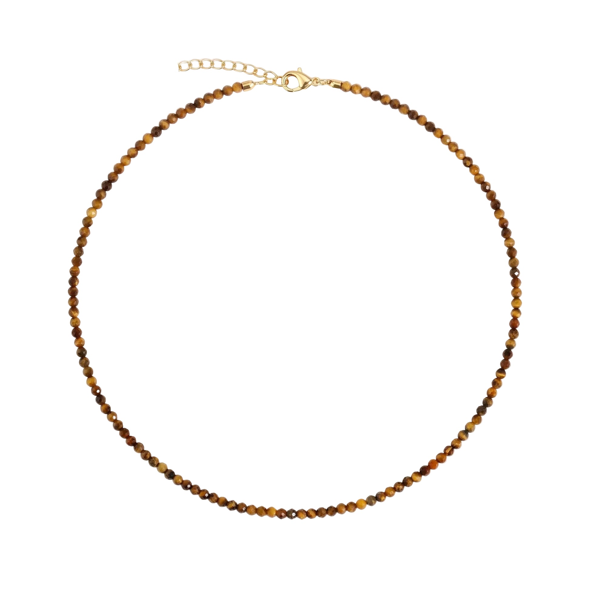 A beaded choker necklace with small brown and gold tiger's eye beads, a gold clasp, and a gold extender chain with a round tag, displayed on a clean off-white background with a Josephine brand logo in the bottom right corner.