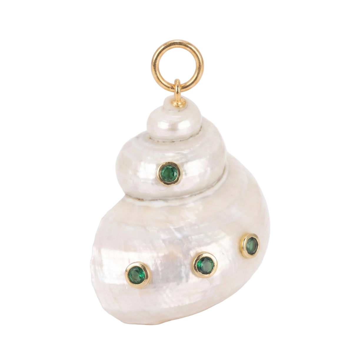 A shell-shaped pendant charm made of iridescent mother-of-pearl with small green gemstone accents and a gold-tone ring at the top, shown on a clean white background.