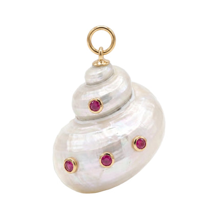 A spiral shell-shaped pendant made of iridescent white mother-of-pearl, accented with four small round pink gemstones in gold bezels and topped with a gold ring loop, shown on a clean white background.