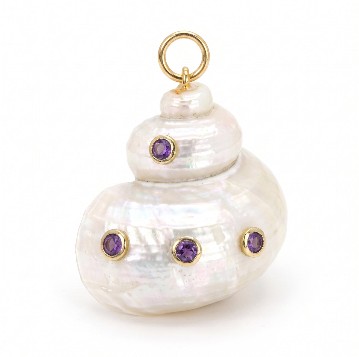 A seashell-shaped pearl pendant with gold-tone metal settings and small clear rhinestone accents, shown on a plain white background.
