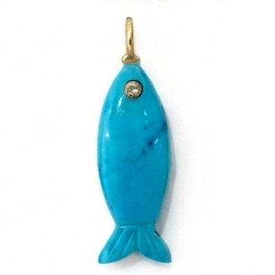 Two turquoise fish-shaped earrings with gold-tone loops and small round stone accents, shown on a plain white background.