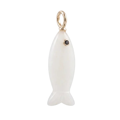 A white fish-shaped pendant charm with a small gold eye and a gold loop at the top, shown on a clean white background.