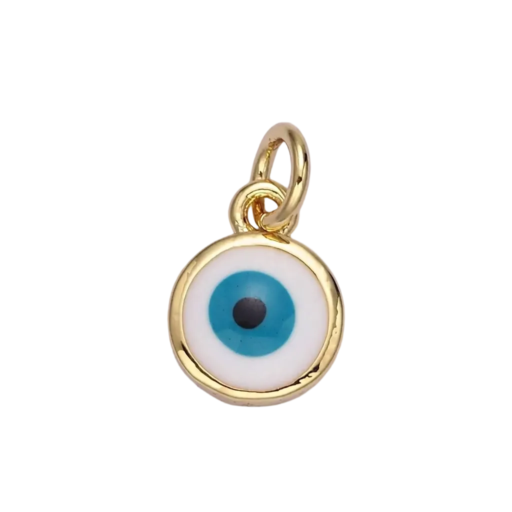 Gold pendant with a blue eye design on a light gray background