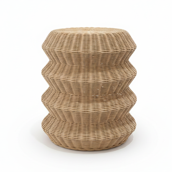 Woven stool with a ribbed texture on a white background