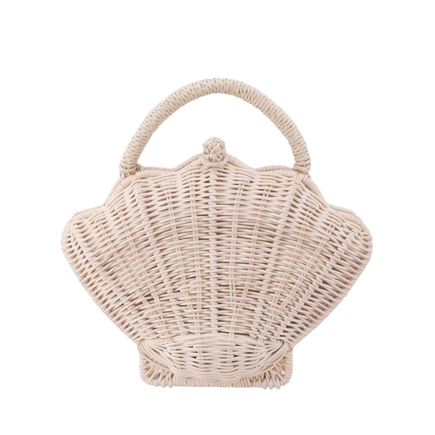 Wicker handbag shaped like a shell on a white background