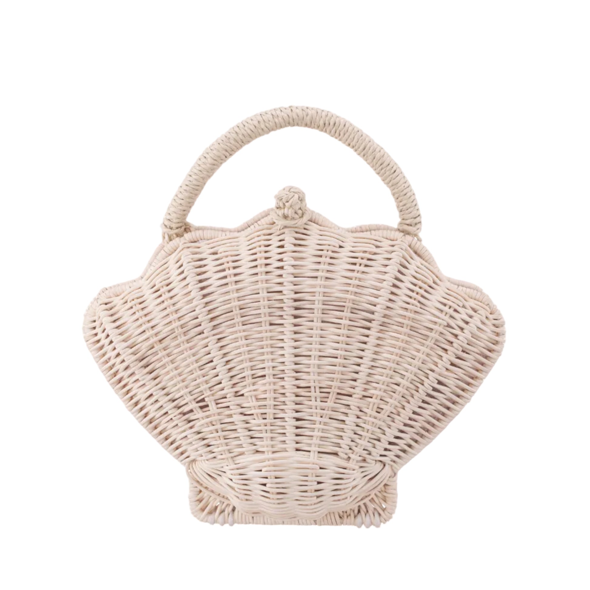 Wicker handbag shaped like a shell on a white background