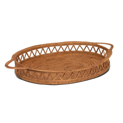 An oval-shaped, zigzag patterned tray made of wicker.