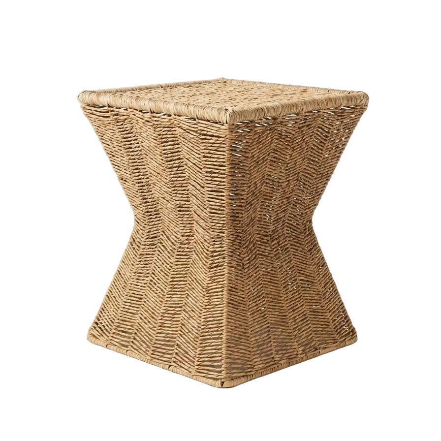 Woven rattan side table on a white background