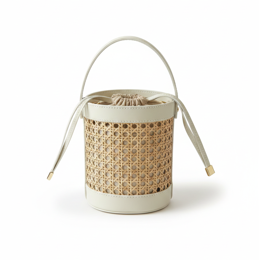 Woven basket with a drawstring lid on a white background