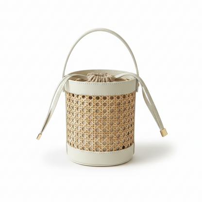 Woven basket with a drawstring lid on a white background