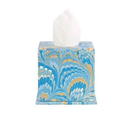 Tissue box cover with blue and orange abstract pattern on a white background