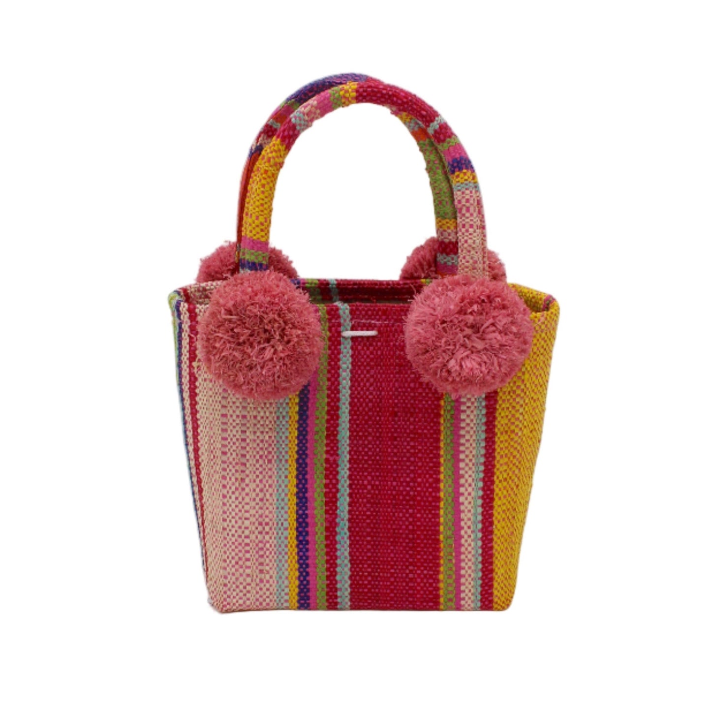 Colorful woven bag with pom-pom handles on a white background